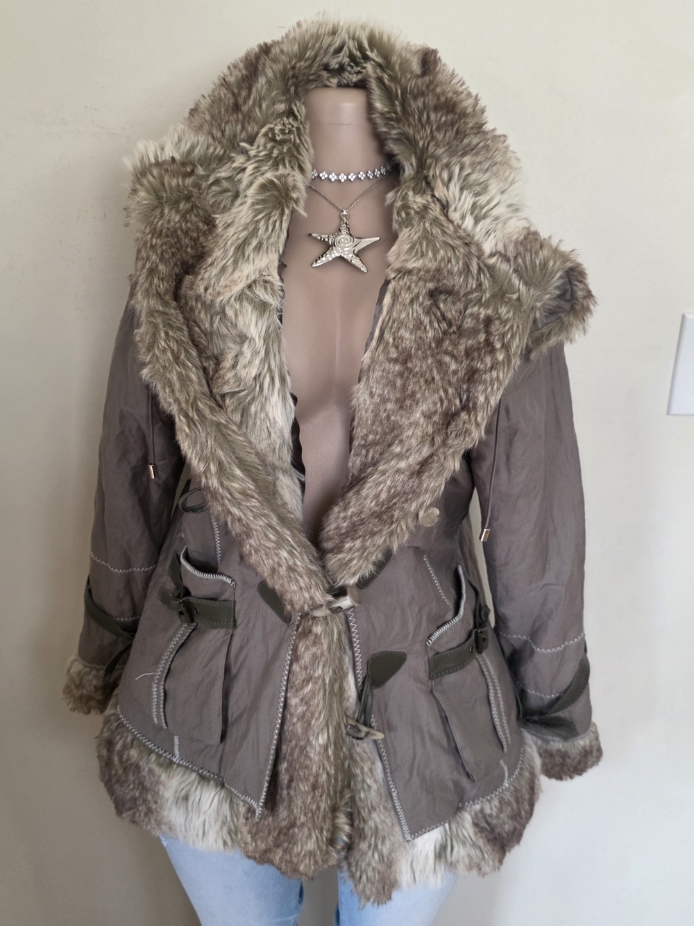 Montanaco Fur Trim Taupe Hooded Coat - Women